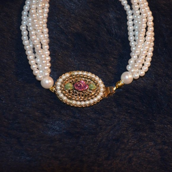 Vintage Collectible Bracelet 6 Strings Pearly Beads Pendant Rose Length - 7.5' - Picture 3 of 6